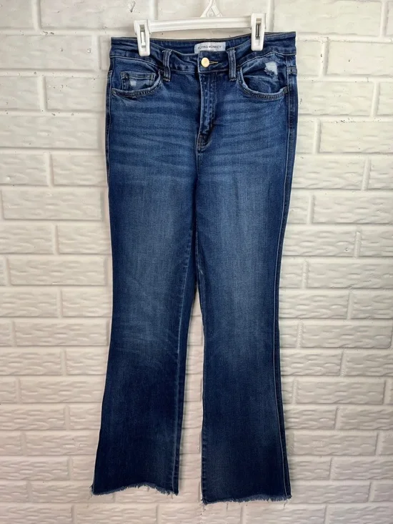 FLYING MONKEY HIGH RISE BOOT CUT DENIM BLUE JEANS RAW HEM DISTRESSED SZ 28 - Picture 2 of 14